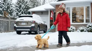 Illustration of a girl in a winter parka walking a battery-operated toy dog on a leash.