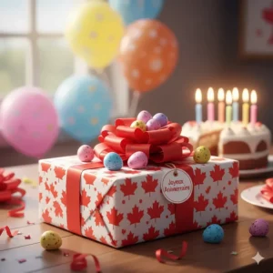 A brightly colored illustration of Hatchimals eggs wrapped as a birthday gift for kids in Canada.