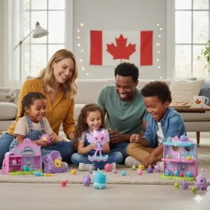 A diverse Canadian family engaging in interactive play with Hatchimals Pixies and pets.