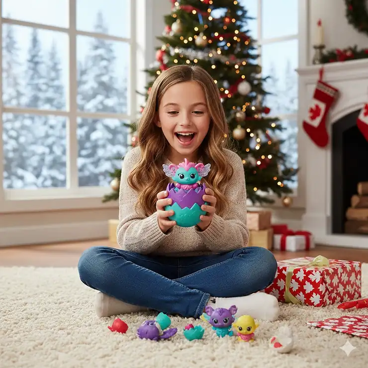 A Canadian child excitedly unboxing a new Hatchimals Alive playset in a cozy, sunlit living room.