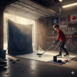 Skill-building hockey toys for kids featuring a shooting tarp with targets and a synthetic ice tileset.