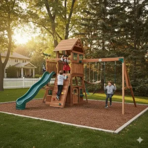 Boys playing on an adventure playset with a built-in clubhouse fort and a lookout telescope.