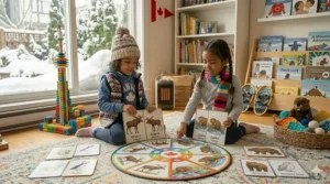 Toddler playing with sensory educational toys inside a cozy home during a Canadian winter.