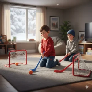 Miniature knee hockey toys for kids set up in a basement playroom, ideal for indoor winter play in Canada.