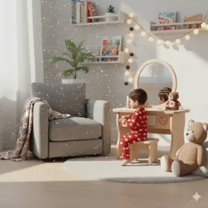 Illustration of creative indoor play using a kids makeup vanity set during a snowy Canadian winter day.