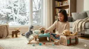 A girl playing with an indoor puppy playset while snow falls outside a Canadian window.