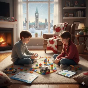 Canadian children playing with programmable robots for kids inside a cozy home during a snowy Ottawa winter day.