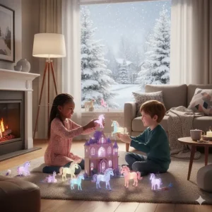 Children playing with magical unicorn figurines indoors during a snowy Canadian winter day.