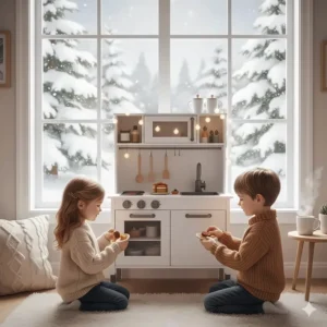 Children in Canada enjoying indoor winter activities with a large play kitchen set while snow falls outside the window.