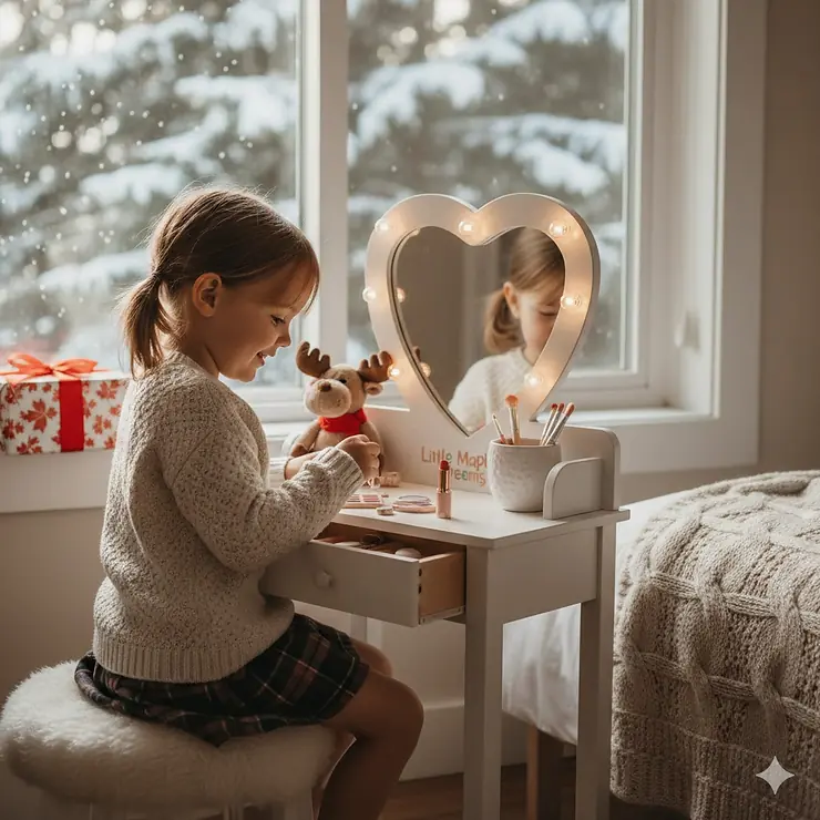 A young child playing with a white wooden kids makeup vanity set in a sunlit Canadian bedroom, featuring a shatterproof mirror and matching stool.