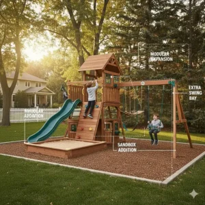 A modular adventure playset showing expansion options like an added sandbox and extra swing bay.