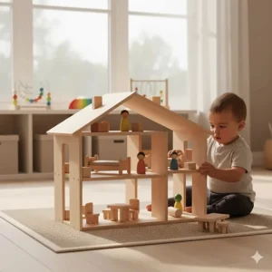 Minimalist Montessori-style wooden dollhouse promoting open-ended play for Canadian toddlers.