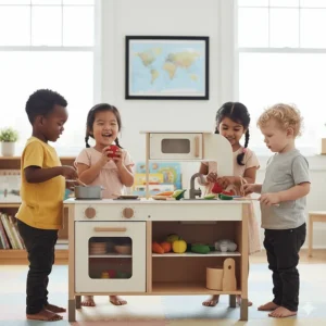 A diverse group of Canadian children playing together with a toy stove and play kitchen set, promoting inclusive imaginative play.