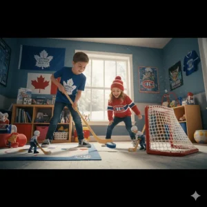 Official NHL-themed hockey toys for kids featuring Canadian team logos like the Toronto Maple Leafs and Montreal Canadiens.