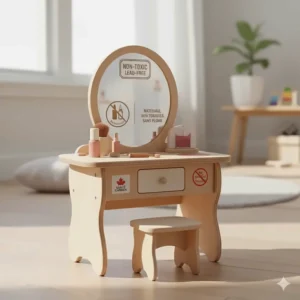 Illustration of a kids makeup vanity set highlighting non-toxic, lead-free materials compliant with Health Canada safety standards.