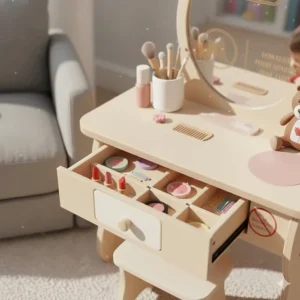 Close-up view of a kids makeup vanity set showing built-in organizers for brushes, play lipsticks, and hair accessories.