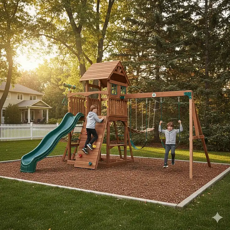 A large cedar wood adventure playset with a slide and climbing wall in a lush Canadian backyard during summer. adventure playsets for boys