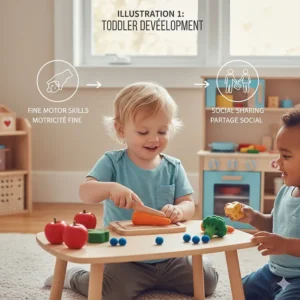 Illustration showing how play kitchen sets and toy food help Canadian toddlers develop fine motor skills and social sharing.