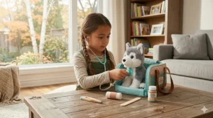 A young girl using a toy stethoscope on a plush husky dog, a popular breed in Canada.
