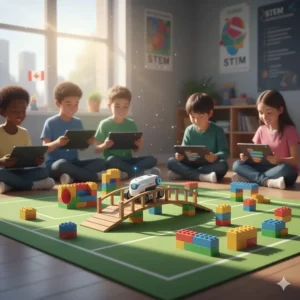 A colorful illustration of a programmable robot navigating an obstacle course, highlighting critical thinking and logic skills.