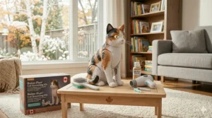 Realistic robotic cat being brushed with a grooming kit, perfect pet care toys for girls.