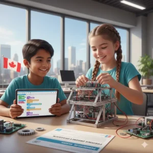 An illustration of a programmable robot being tested on a wooden boardwalk in a Canadian provincial park setting.