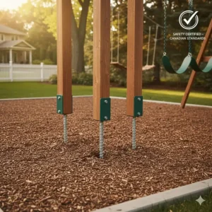 Close-up of safety-certified wooden adventure playset anchors and ground stakes in protective wood mulch.