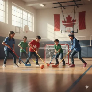 Felt-bottomed floor hockey toys for kids designed for gymnasiums and indoor hardwood surfaces.