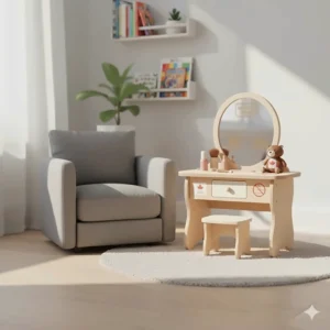 A space-saving kids makeup vanity set with drawers, perfect for urban Canadian apartments or small playrooms.