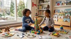 3 year old girl building a wooden CN Tower replica using colorful STEM educational blocks.