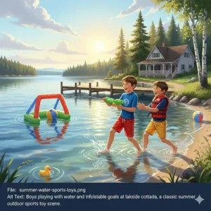 Boys playing with water blasters and inflatable sports goals at a lakeside cottage in Canada.