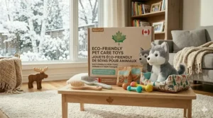 Collection of sustainable and non-toxic pet care toys for girls, emphasizing Canadian eco-values.