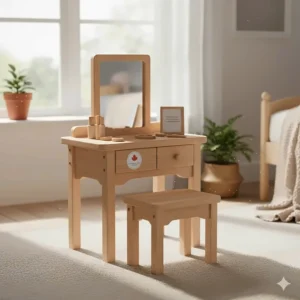 Illustration of a durable, eco-friendly wooden kids makeup vanity set designed for long-lasting play.