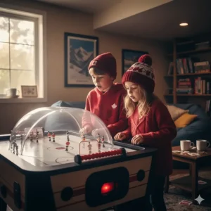 Classic rod-controlled tabletop bubble hockey toys for kids, a popular Canadian family game night activity.