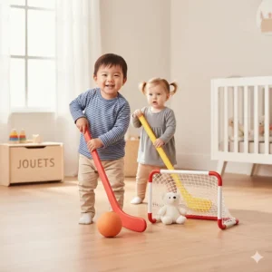Oversized plastic hockey toys for kids and toddlers, including a lightweight stick and soft ball for early skill building.