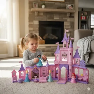 A young child in a cozy Canadian home playing with a large Disney Princess castle toy and accessories.