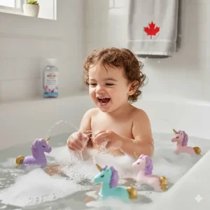 Floating purple and pink unicorn bath toys for toddlers, perfect for splashy fun in Canadian households.