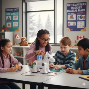 A unicorn-themed coding robot toy helping a student learn STEM skills in a Canadian classroom setting.
