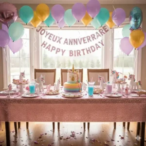 A colorful unicorn-themed birthday party setup featuring unicorn toys and decorations for a Canadian celebration.