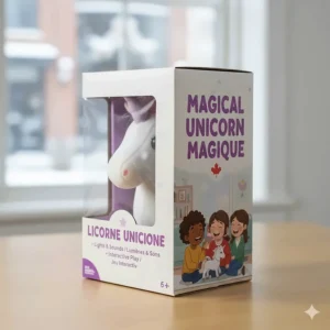 Interactive unicorn toy with English and French bilingual packaging, a popular choice for Canadian parents.