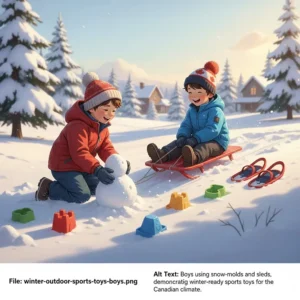 Boys using snow-molds and sleds, demonstrating winter-ready outdoor sports toys for the Canadian climate.