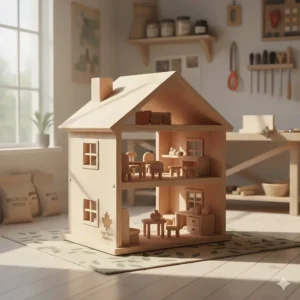 Illustration of a sustainable wooden dollhouse made from Canadian maple and non-toxic finishes.