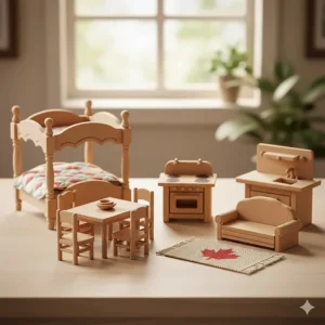 Detailed view of miniature wooden dollhouse furniture including a tiny maple leaf rug.