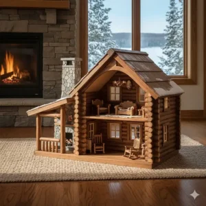 A rustic, cabin-style wooden dollhouse design inspired by Northern Canadian architecture.
