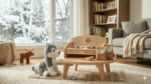 Eco-friendly wooden pet feeding station toy designed for imaginative play for girls.