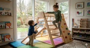 A toddler using a wooden indoor climbing triangle, great for active indoor birthday toys for kids during Canadian spring months.