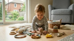 Sustainable beechwood teething ring with GOTS certified organic cotton bunny ears.