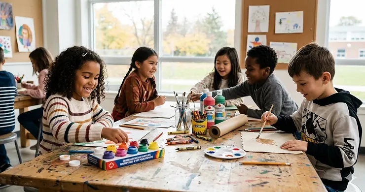 A diverse group of Canadian children sharing high-quality art supplies for kids at a wooden table, including vibrant paints and FSC-certified paper.