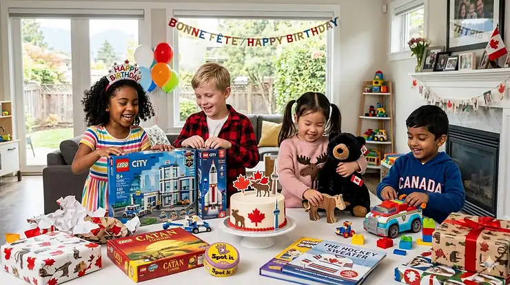 A group of diverse Canadian children celebrating a birthday with popular toys like building blocks and plushies in a bright Toronto-style home.