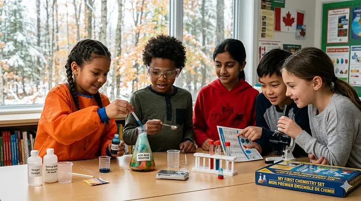 A group of diverse Canadian children performing a vinegar and baking soda volcano experiment with a chemistry set for kids in a classroom setting.